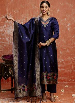 Cotton silk blend navy blue party wear zari work kurta set 1