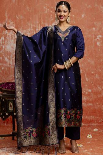 Cotton silk blend navy blue party wear zari work kurta set