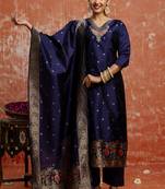 Cotton silk blend navy blue party wear zari work kurta set