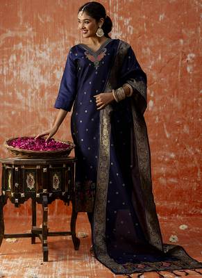 Cotton silk blend navy blue party wear zari work kurta set 2