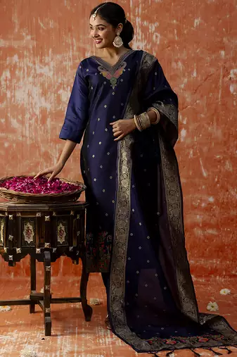 Cotton silk blend navy blue party wear zari work kurta set