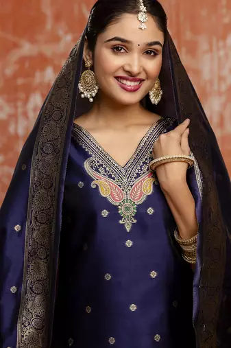 Cotton silk blend navy blue party wear zari work kurta set
