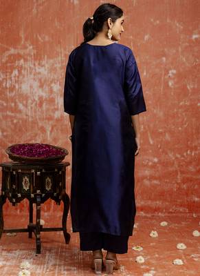 Cotton silk blend navy blue party wear zari work kurta set 4