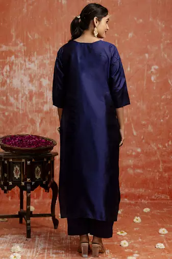 Cotton silk blend navy blue party wear zari work kurta set