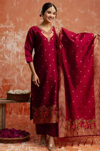 Cotton silk blend red party wear zari work kurta set