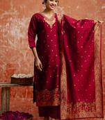 Cotton silk blend red party wear zari work kurta set