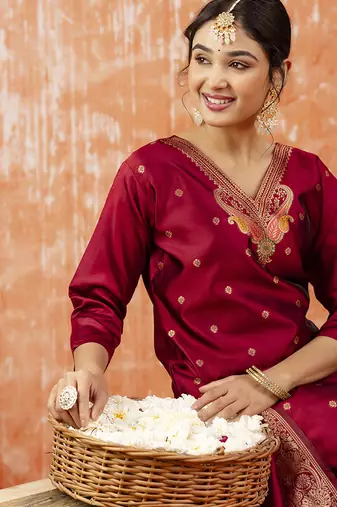 Cotton silk blend red party wear zari work kurta set