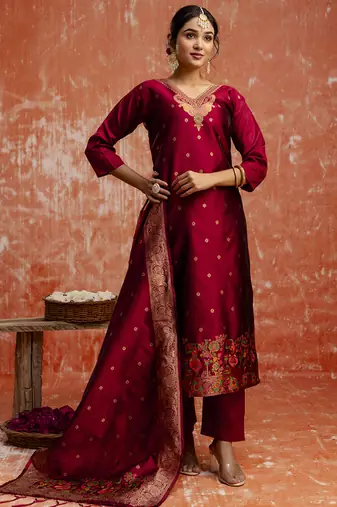 Cotton silk blend red party wear zari work kurta set