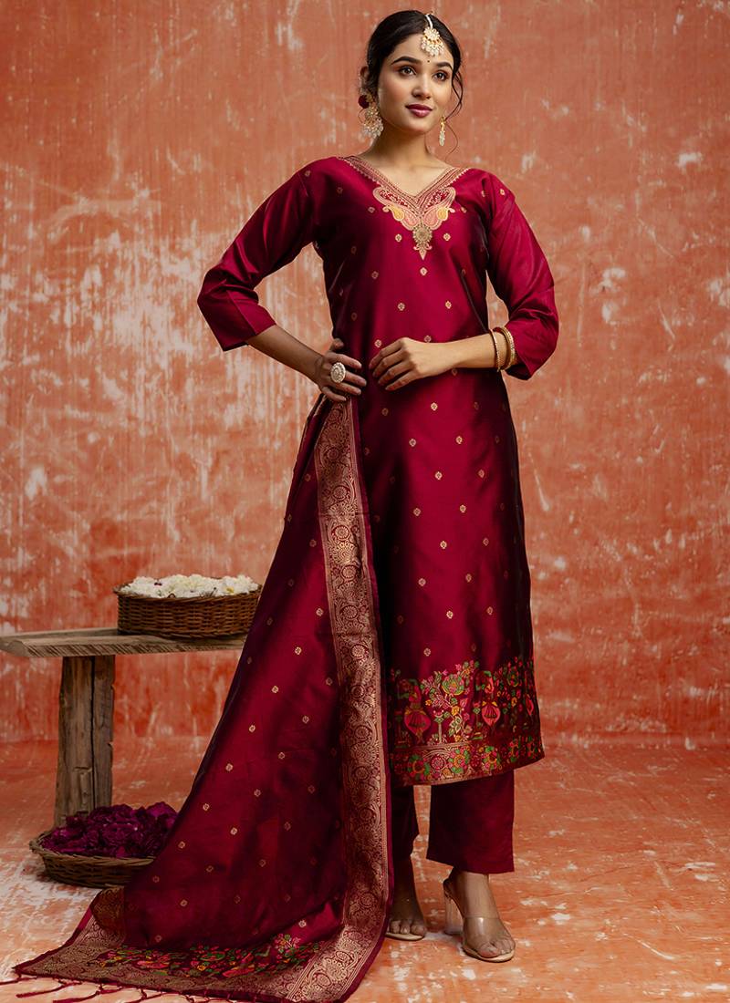 Cotton silk blend red party wear zari work kurta set