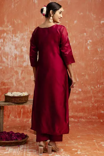 Cotton silk blend red party wear zari work kurta set