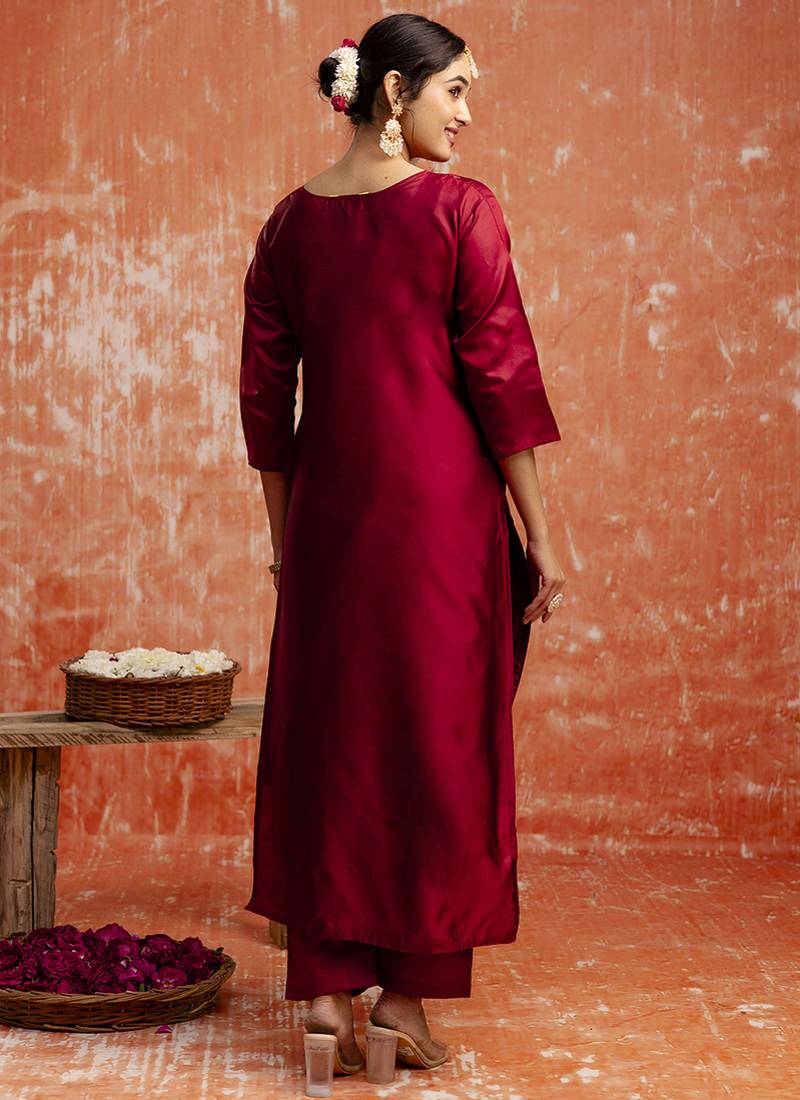 Cotton silk blend red party wear zari work kurta set