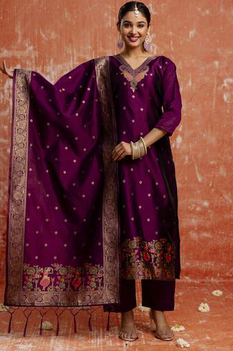 Cotton silk blend wine party wear zari work kurta set