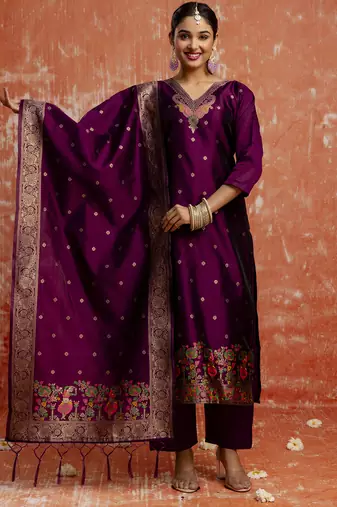 Cotton silk blend wine party wear zari work kurta set