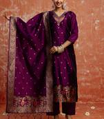 Cotton silk blend wine party wear zari work kurta set