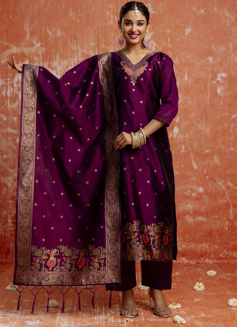 Cotton silk blend wine party wear zari work kurta set