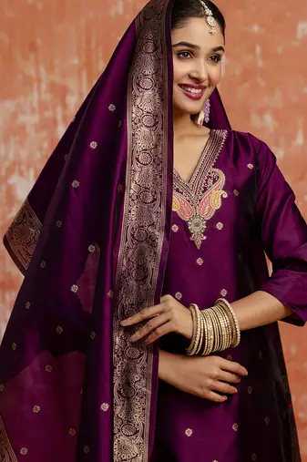 Cotton silk blend wine party wear zari work kurta set