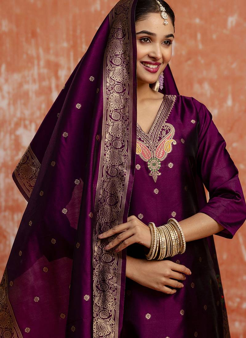 Cotton silk blend wine party wear zari work kurta set