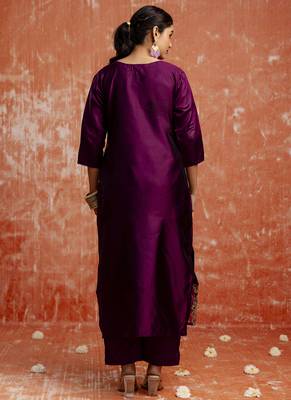 Cotton silk blend wine party wear zari work kurta set 3