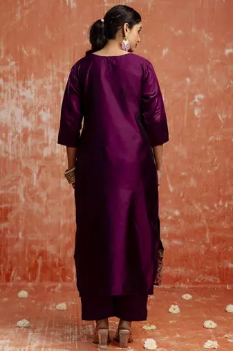 Cotton silk blend wine party wear zari work kurta set