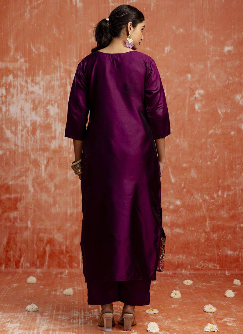 Cotton silk blend wine party wear zari work kurta set