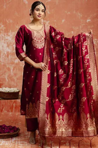 Cotton silk blend red party wear zari work kurta set