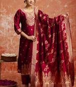 Cotton silk blend red party wear zari work kurta set