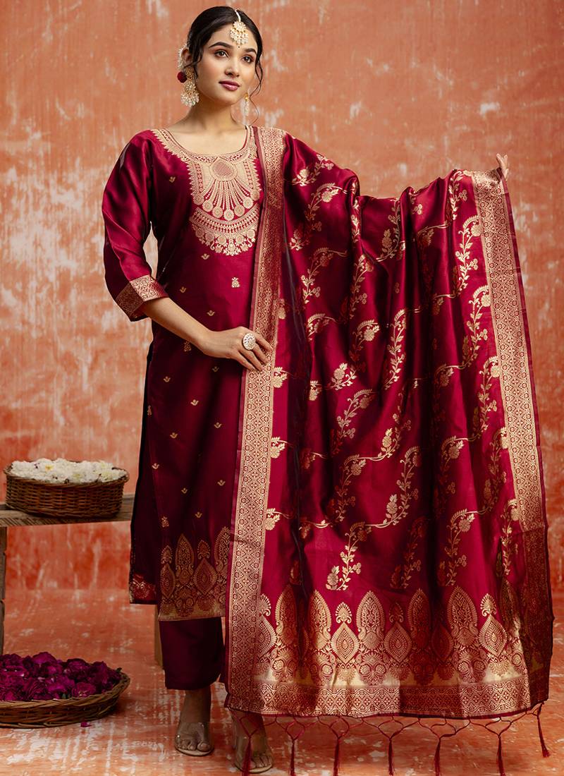 Cotton silk blend red party wear zari work kurta set