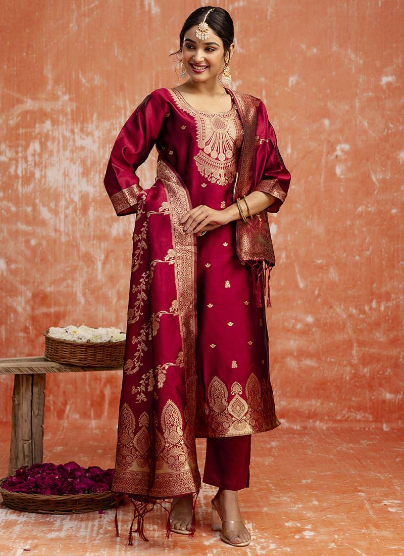 Cotton silk blend red party wear zari work kurta set