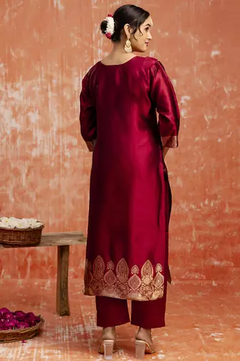 Cotton silk blend red party wear zari work kurta set