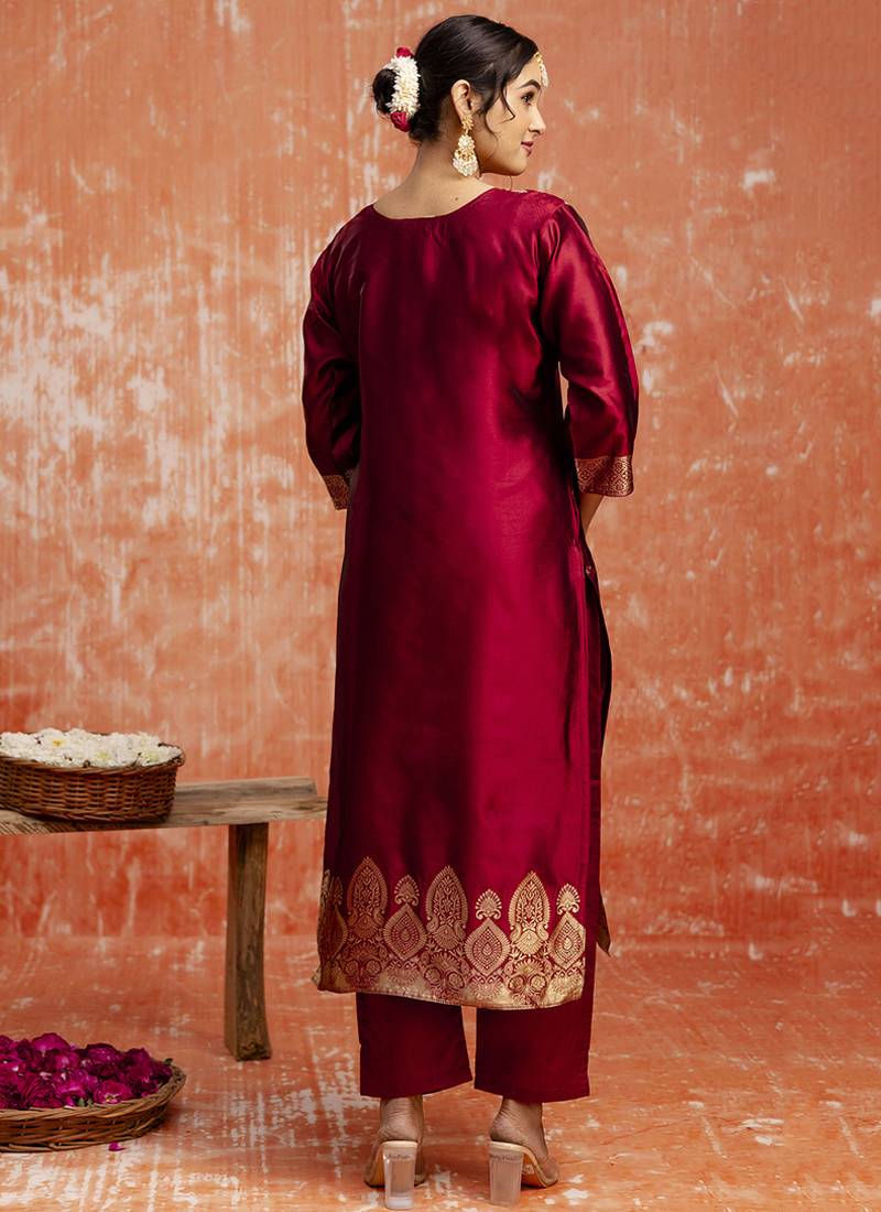 Cotton silk blend red party wear zari work kurta set