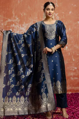 Cotton silk blend navy blue party wear zari work kurta set