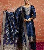Cotton silk blend navy blue party wear zari work kurta set