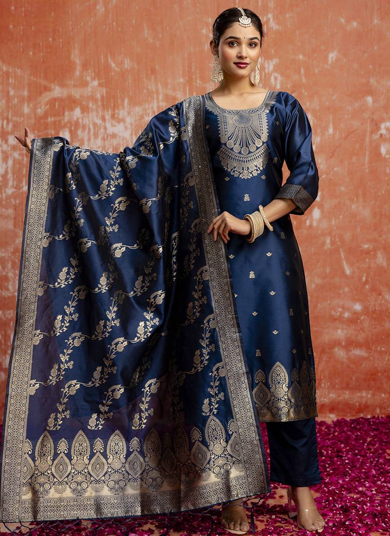 Cotton silk blend navy blue party wear zari work kurta set