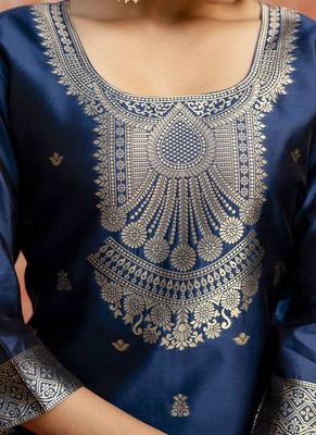 Cotton silk blend navy blue party wear zari work kurta set 2