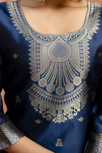 Cotton silk blend navy blue party wear zari work kurta set