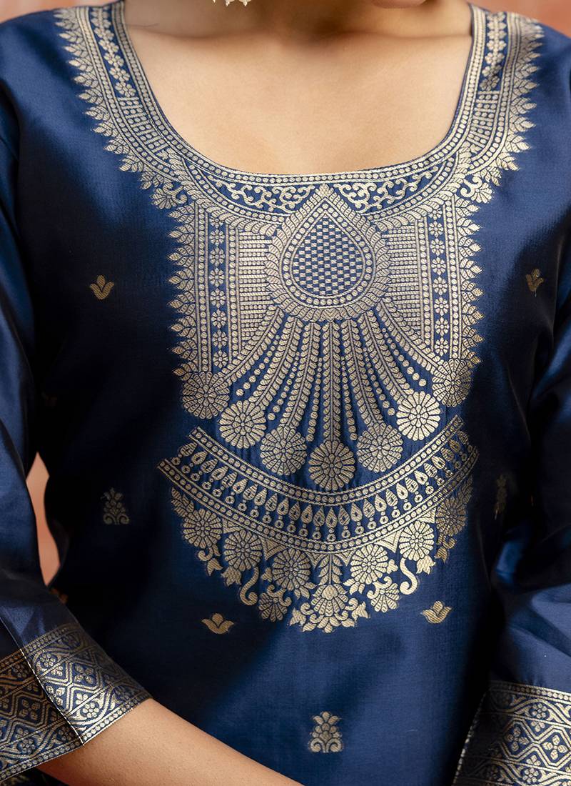 Cotton silk blend navy blue party wear zari work kurta set