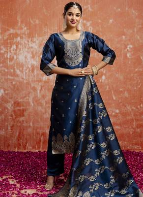 Cotton silk blend navy blue party wear zari work kurta set 3