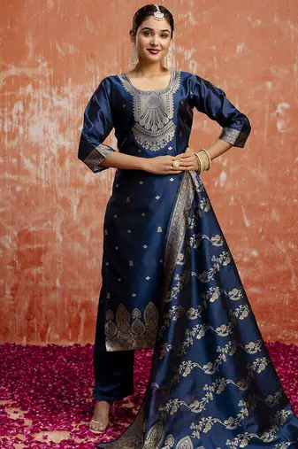 Cotton silk blend navy blue party wear zari work kurta set