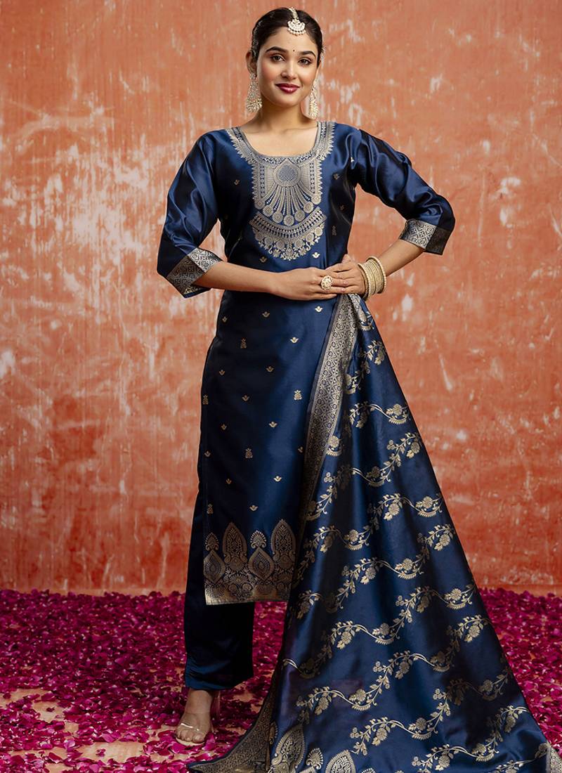 Cotton silk blend navy blue party wear zari work kurta set