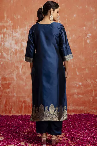 Cotton silk blend navy blue party wear zari work kurta set