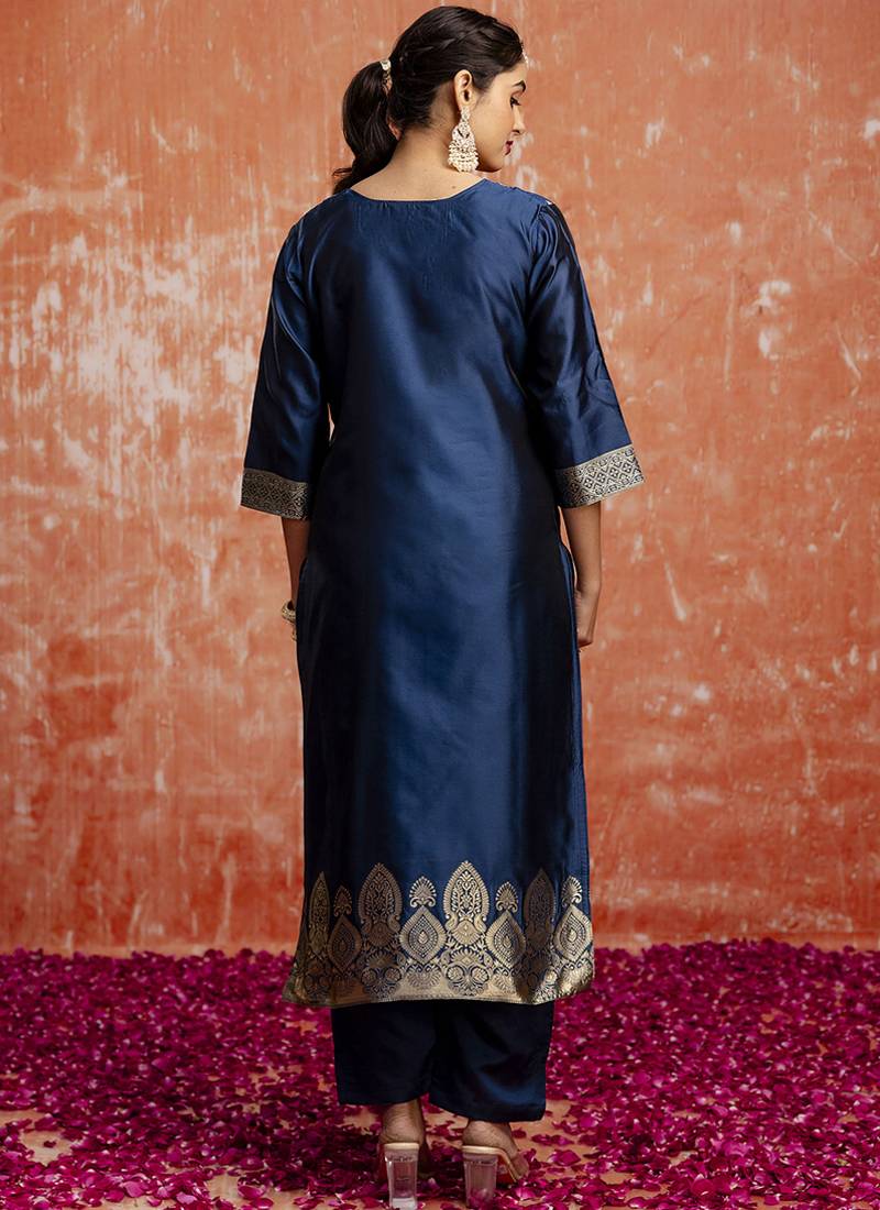 Cotton silk blend navy blue party wear zari work kurta set