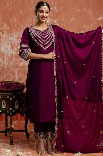 Viscose rayon wine casual wear embroidery work kurta set