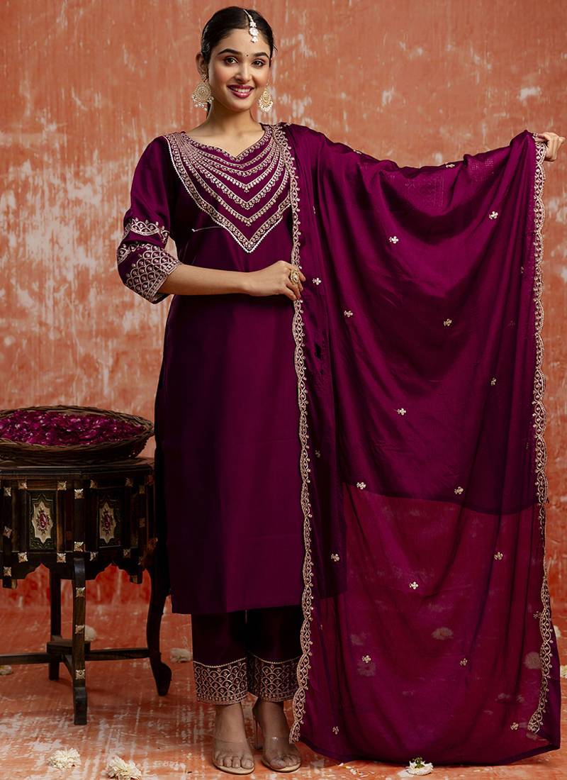 Viscose rayon wine casual wear embroidery work kurta set