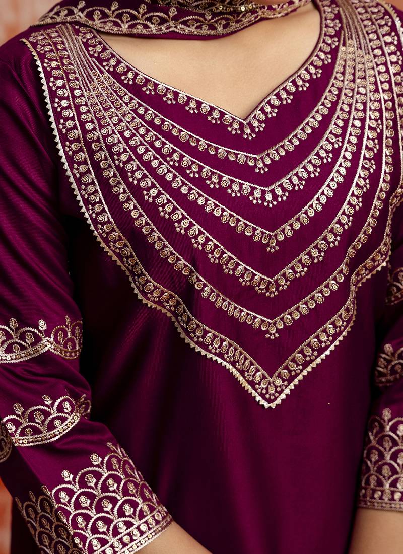 Viscose rayon wine casual wear embroidery work kurta set