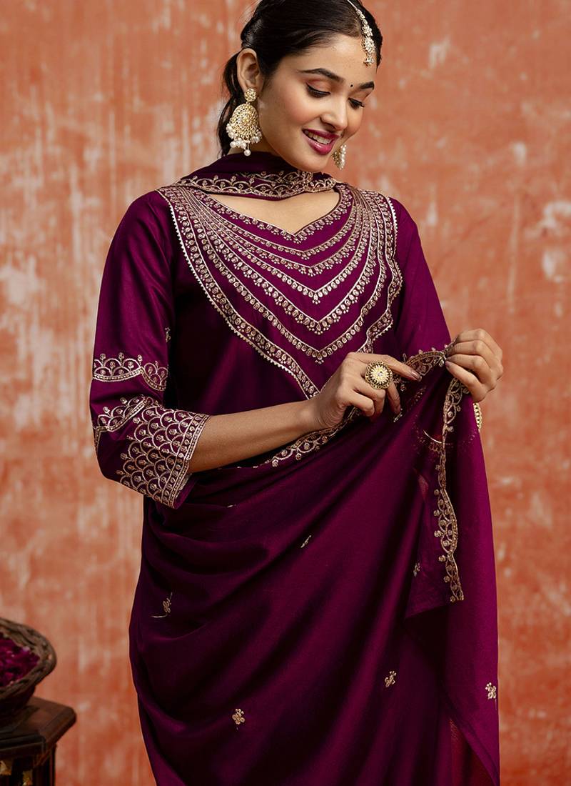 Viscose rayon wine casual wear embroidery work kurta set