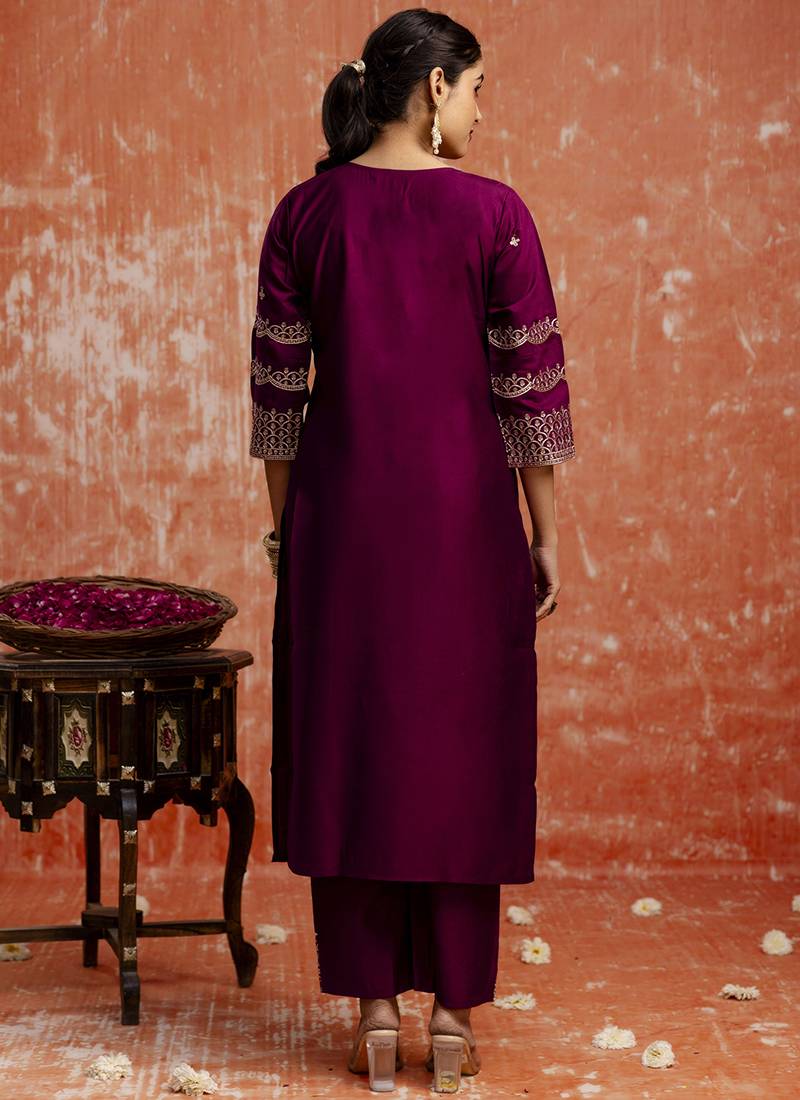 Viscose rayon wine casual wear embroidery work kurta set
