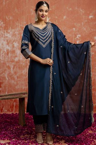 Viscose rayon navy blue casual wear embroidery work kurta set