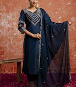 Viscose rayon navy blue casual wear embroidery work kurta set