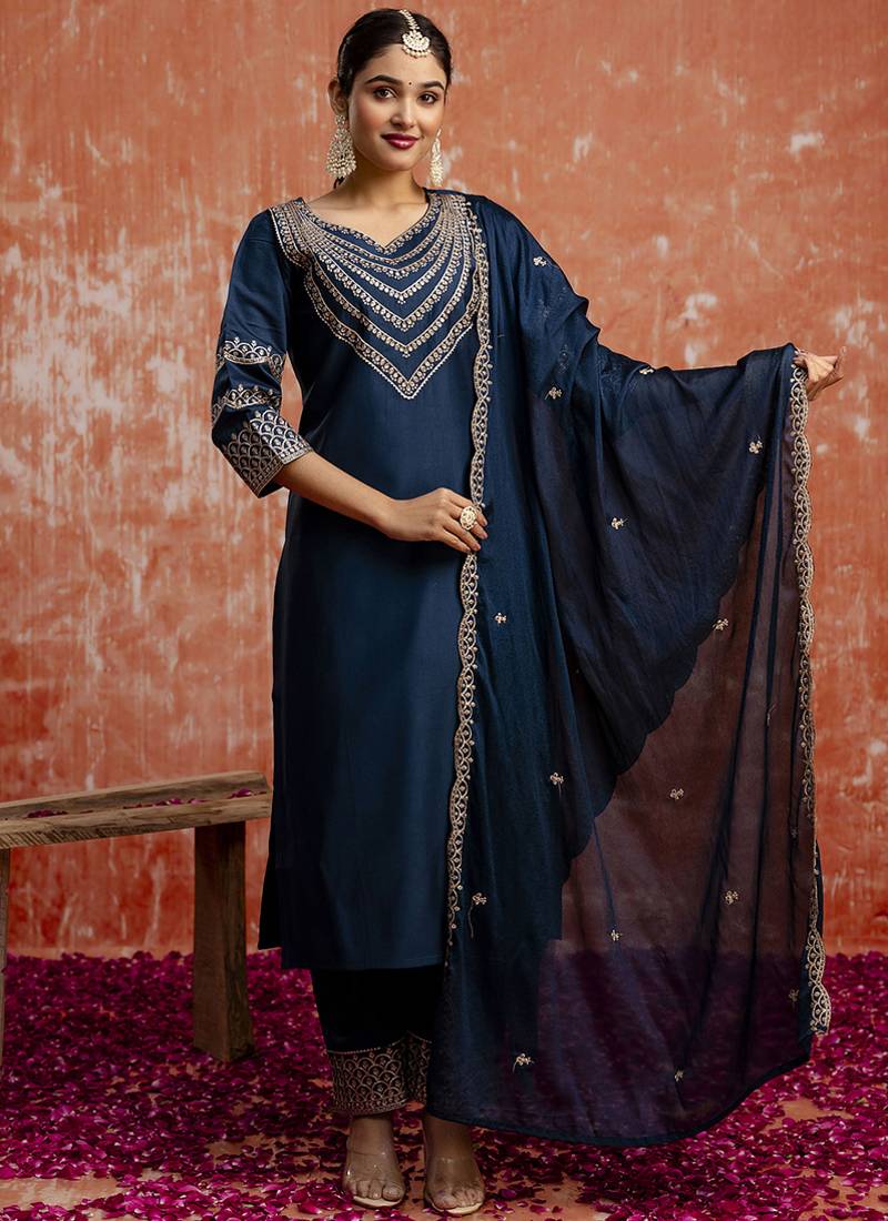 Viscose rayon navy blue casual wear embroidery work kurta set