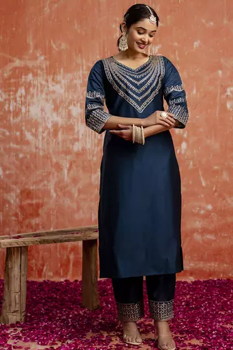 Viscose rayon navy blue casual wear embroidery work kurta set